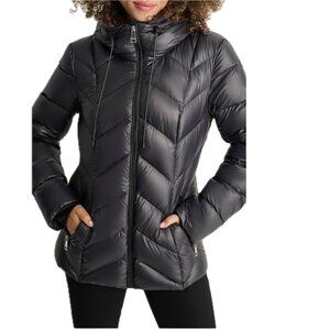 DKNY Womens Quilted Hooded Packable Down Jacket Coat Puffer Black Size M  NWT